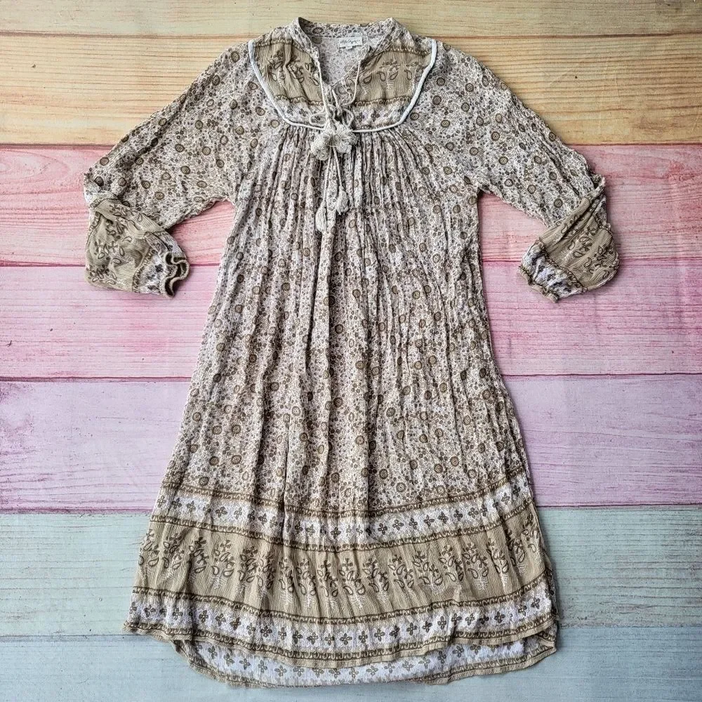 Little Gypsy Co Luna Cream Tan Long Sleeve Floral Boho Midi Dress‎ Size Medium